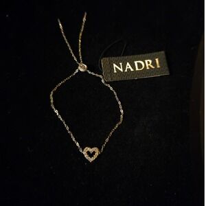 NADRI Sterling Silver Diamond Heart Bolo Bracelet Sparkling Adjustable Chain NEW